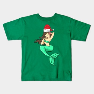 Santa Hat-Wearing Mermaid Funny Christmas Holiday Kids T-Shirt